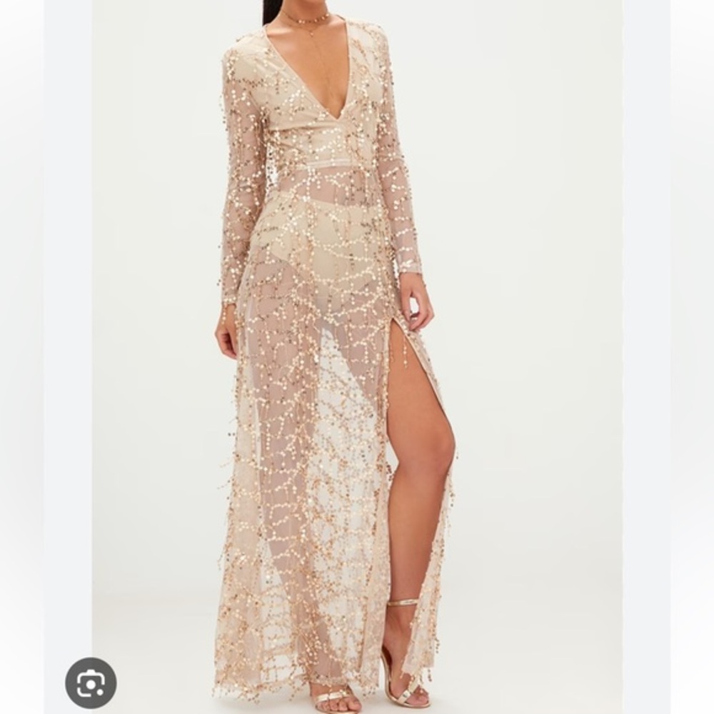NWT Pretty Little Things | Valentina Gold Sequin Long Sleeve Maxi Dress Size 4